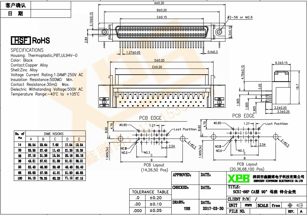 SCSI-68P CA型 90°母座 鋅合金殼連接器規格書