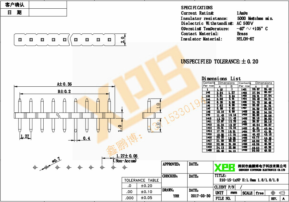 1.27單排直針排針連接器產(chǎn)品規(guī)格書(shū) 1.27單排直針排針連接器產(chǎn)品規(guī)格書(shū)